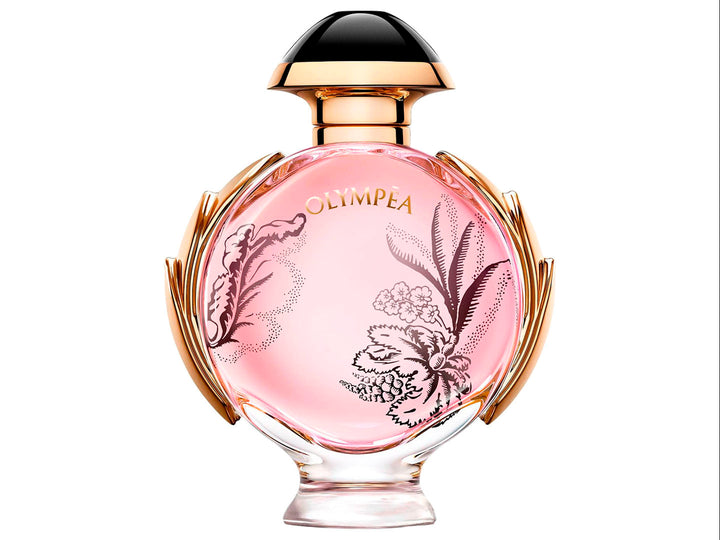 Frasco y caja de perfume Paco Rabanne Olympea Blossom en color rosa con detalles dorados y motivos florales.