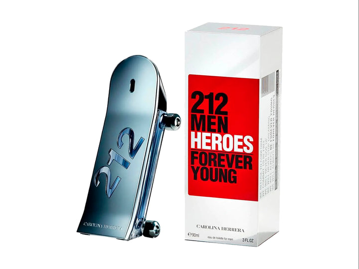 Perfume Carolina Herrera 212 Men Heroes con frasco en forma de tabla de skateboard plateada y su caja blanca y roja.