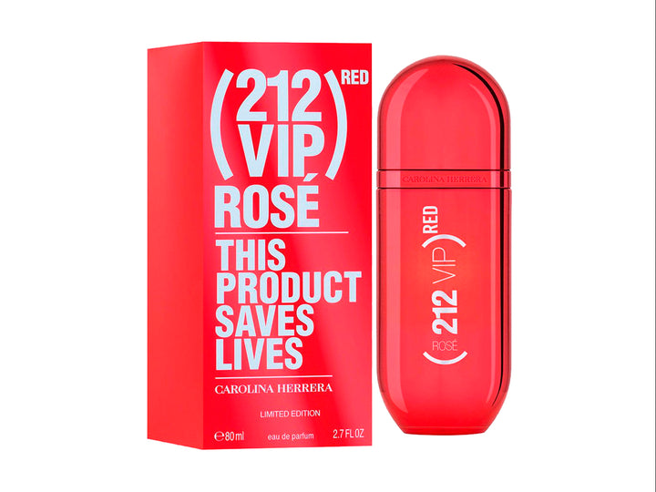 Perfume Carolina Herrera 212 VIP Rose Red en frasco y caja de color rojo brillante.