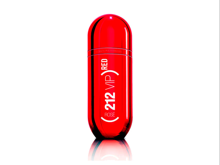 Perfume Carolina Herrera 212 VIP Rose Red en frasco y caja de color rojo brillante.