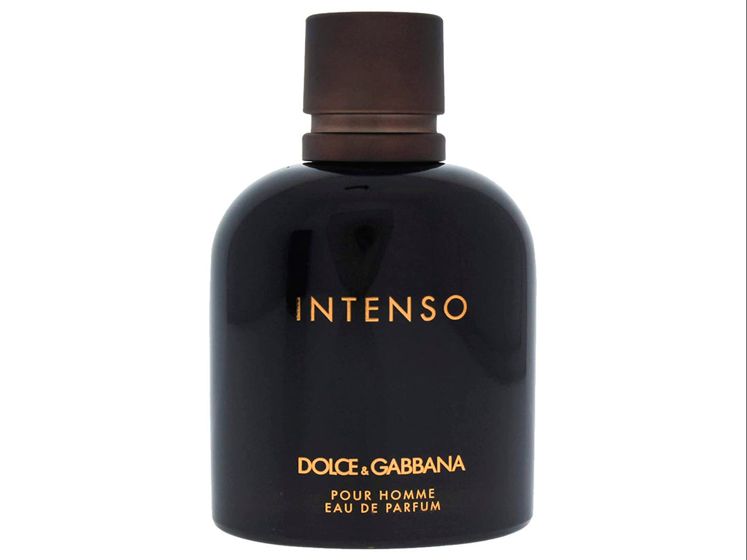 Perfume Dolce &amp; Gabbana Intenso para Hombre en botella y caja de color negro con letras doradas.