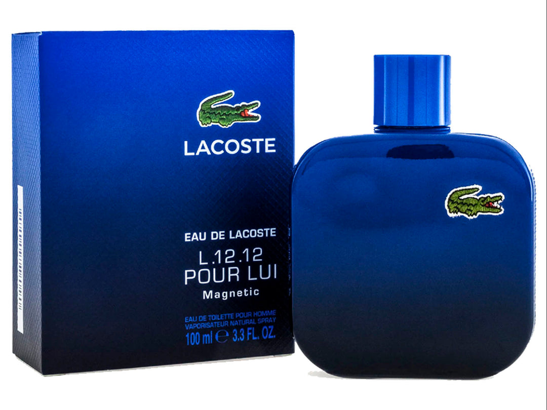Perfume Lacoste L.12.12 Pour Lui Magnetic en botella y caja de color azul intenso.