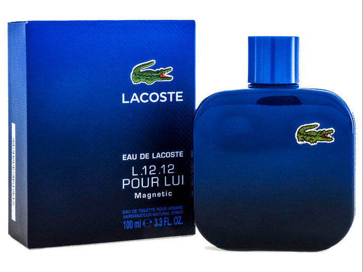 Perfume Lacoste L.12.12 Pour Lui Magnetic en botella y caja de color azul intenso.