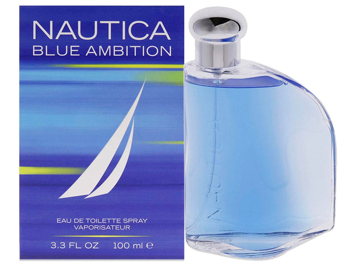 Perfume Nautica Blue Ambition de 100 ml con botella de vidrio azul y caja a juego.