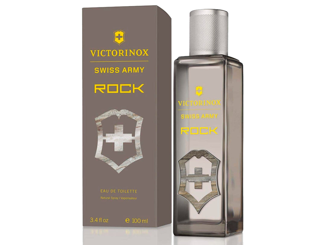 Perfume Victorinox Rock para hombre, botella de vidrio y caja en color gris con detalles en amarillo.