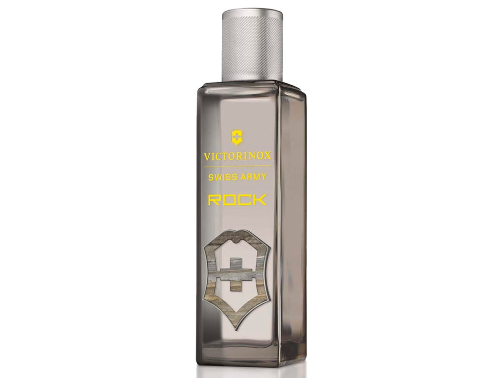 Perfume Victorinox Rock para hombre, botella de vidrio y caja en color gris con detalles en amarillo.