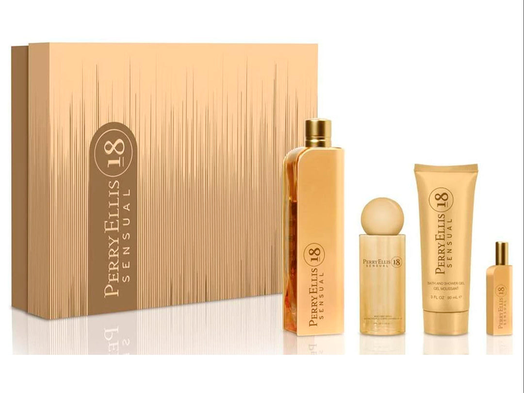 Set de regalo Perry Ellis 18 Sensual para Mujer en color dorado, incluye cuatro piezas y estuche.