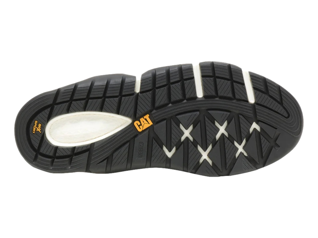 Tenis Caterpillar color negro con detalles en amarillo y suela blanca robusta.