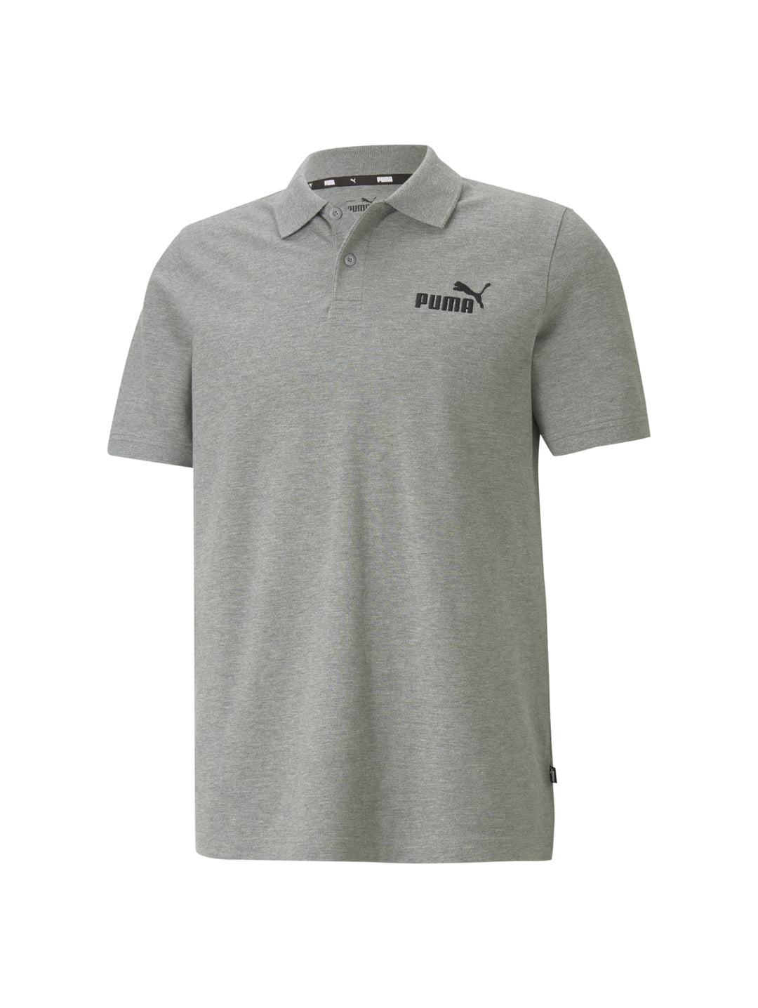 Camiseta polo PUMA de color gris con logotipo negro en el pecho.