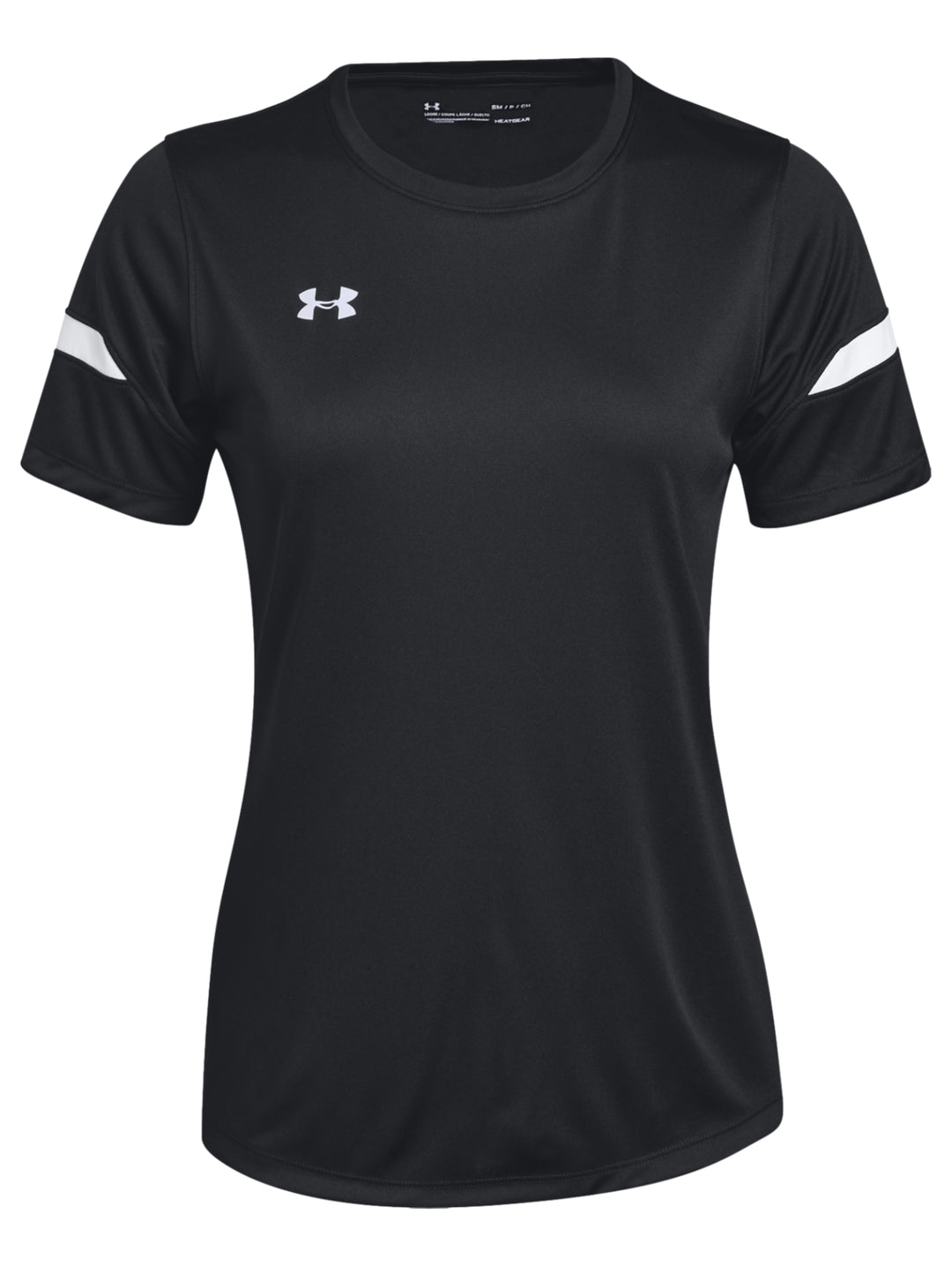 Playera deportiva Under Armour de color negro con detalles blancos en las mangas para mujer.