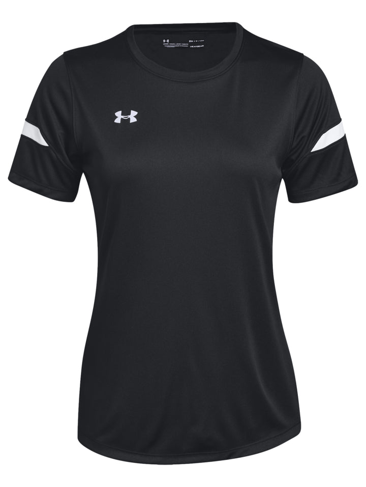 Playera deportiva Under Armour de color negro con detalles blancos en las mangas para mujer.
