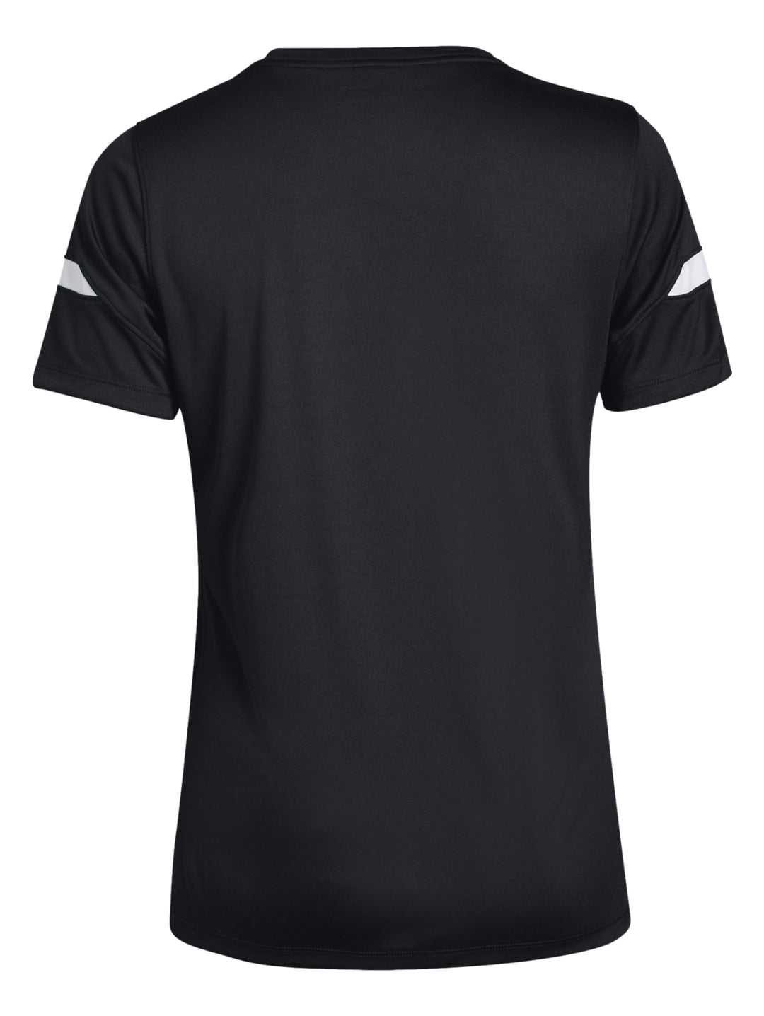 Playera deportiva Under Armour de color negro con detalles blancos en las mangas para mujer.