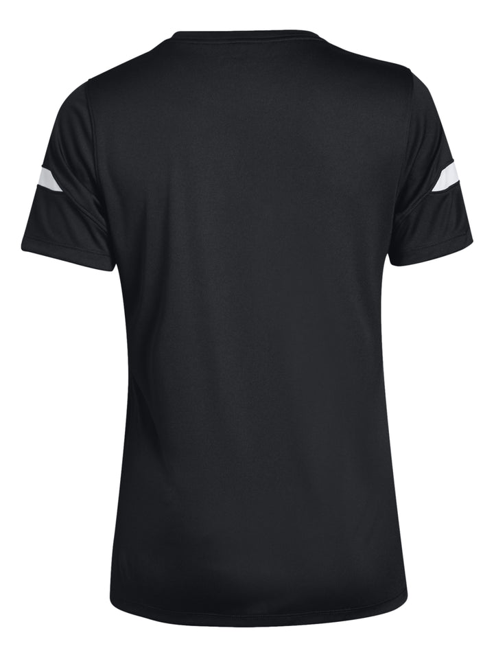 Playera deportiva Under Armour de color negro con detalles blancos en las mangas para mujer.
