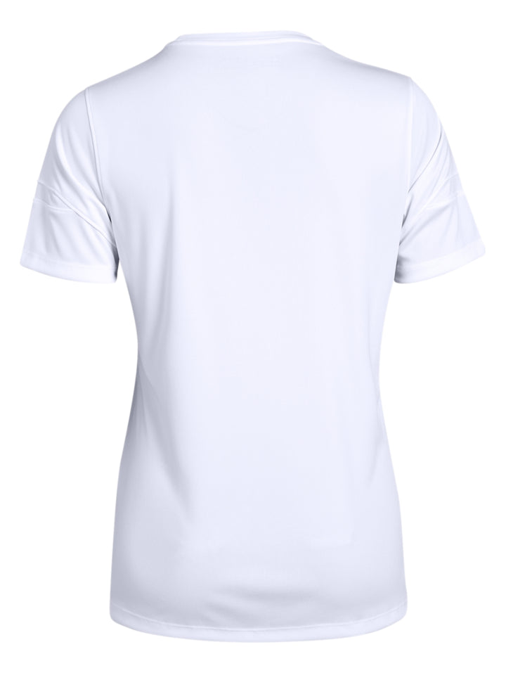 Playera deportiva blanca de manga corta y cuello redondo para mujer de la marca Under Armour.