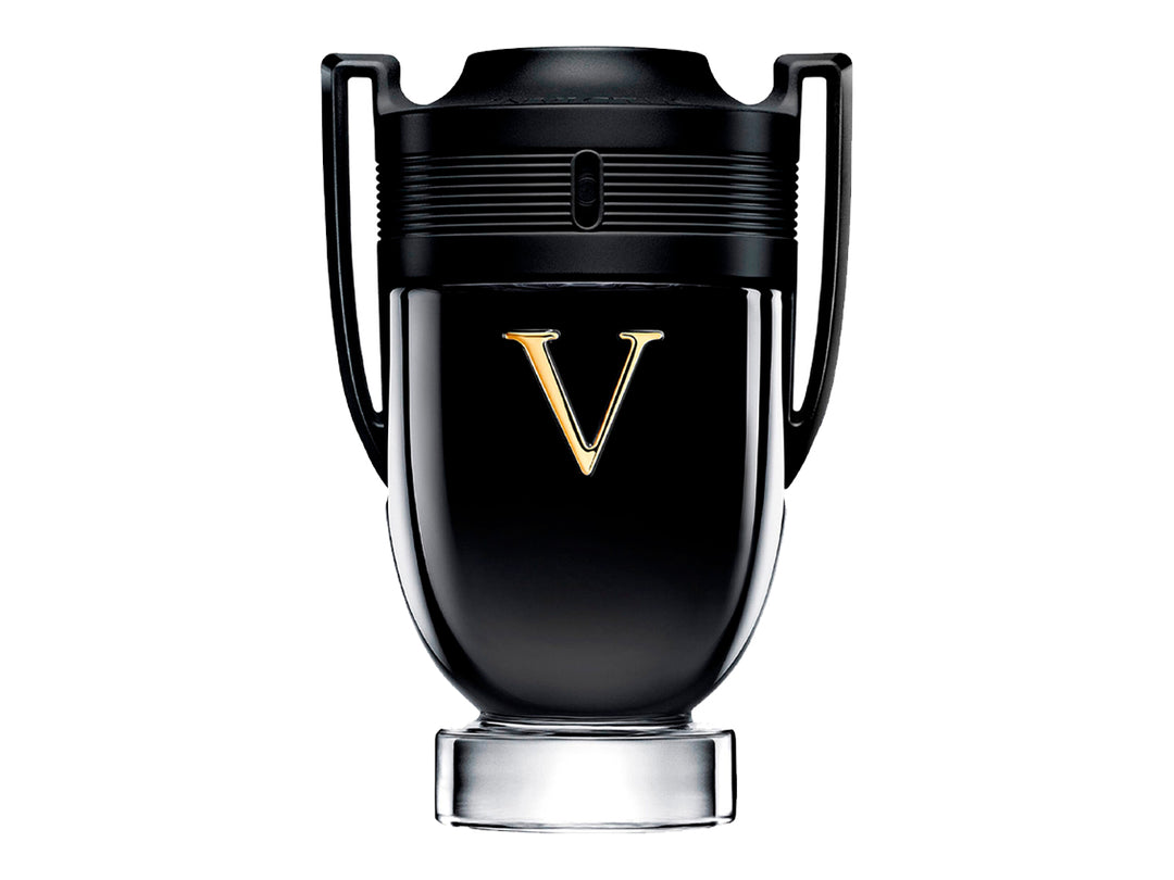 Perfume Paco Rabanne Invictus Victory en frasco negro con forma de trofeo y su caja negra.
