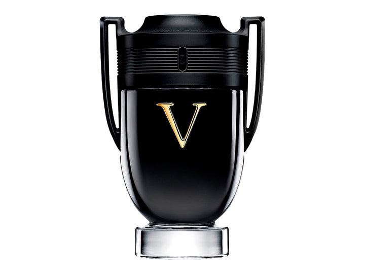 Perfume Paco Rabanne Invictus Victory en frasco negro con forma de trofeo y su caja negra.