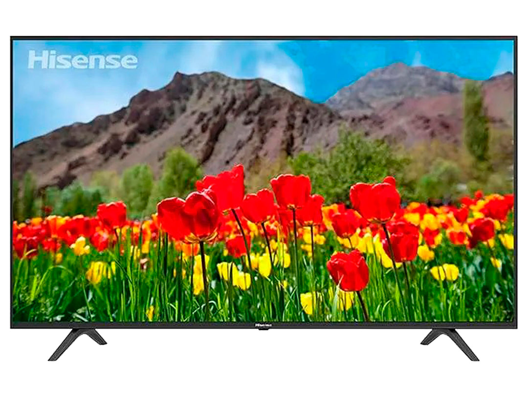 Televisor Hisense de 55 pulgadas color negro con pantalla LED 4K mostrando un paisaje colorido.