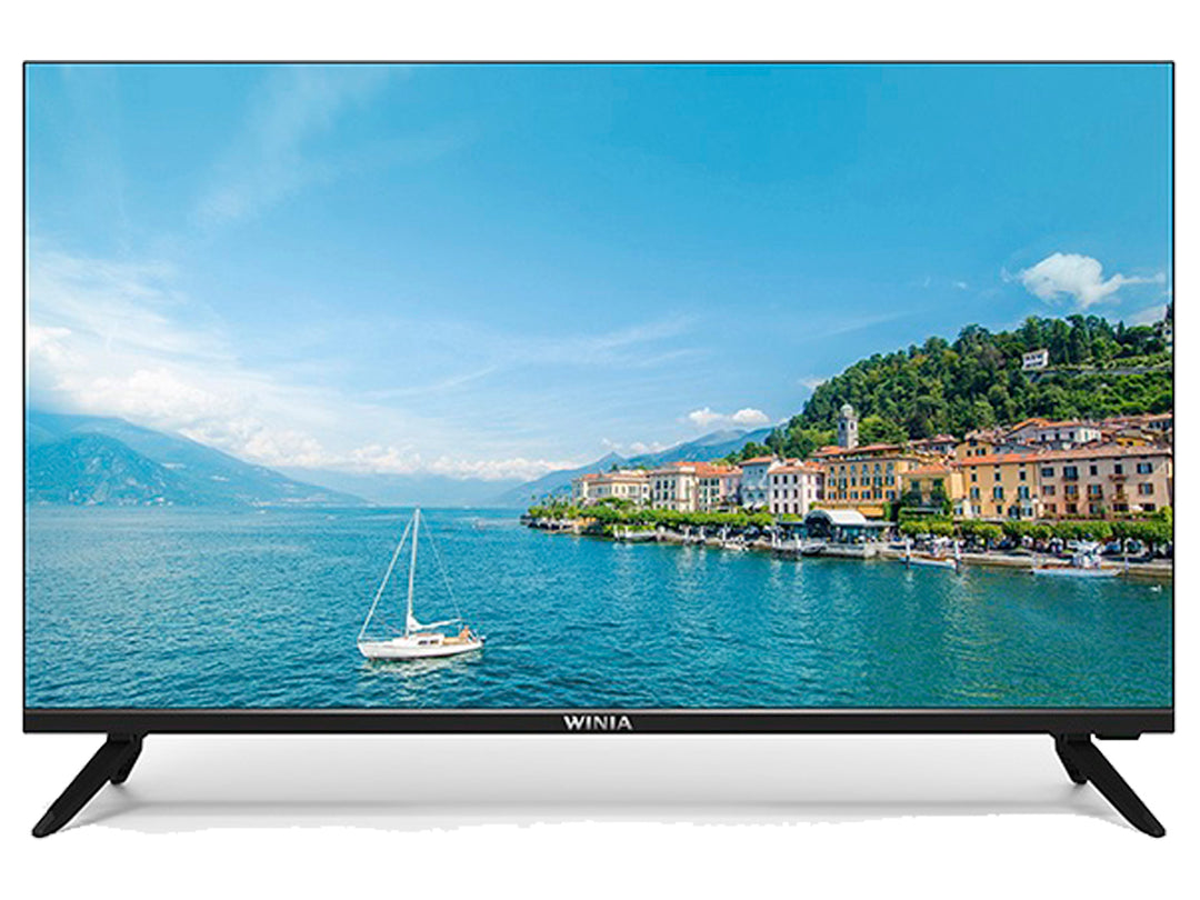 Televisor Smart TV Winia de 32 pulgadas color negro con pantalla plana y soportes laterales.