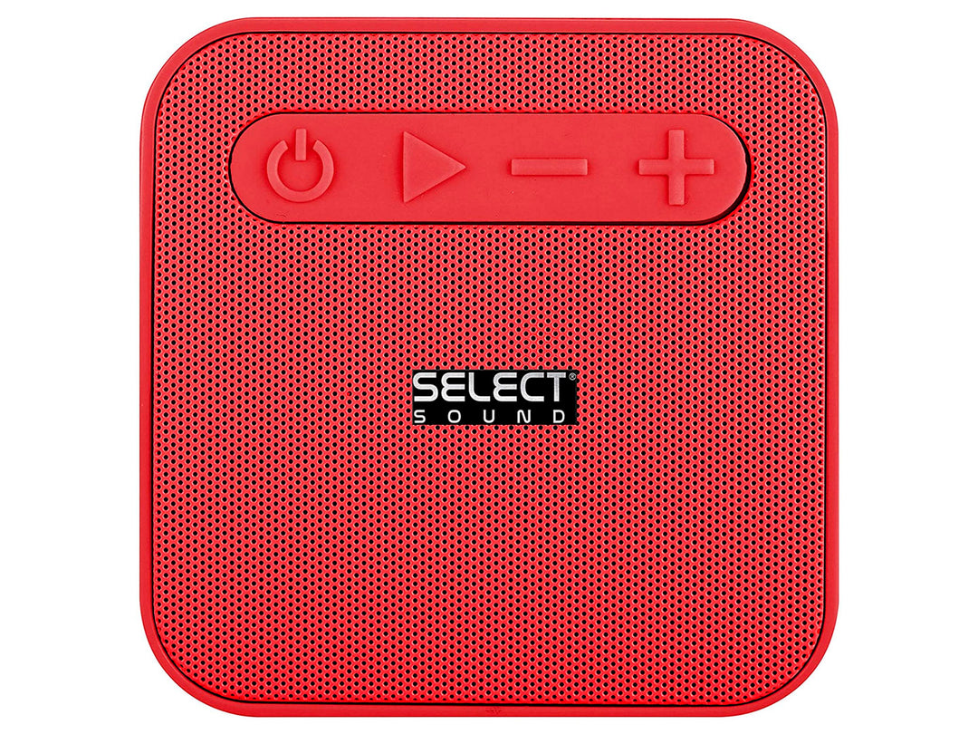 Bocina Bluetooth Select Sound de color rojo con forma cuadrada, rejilla frontal y botones de control superiores.