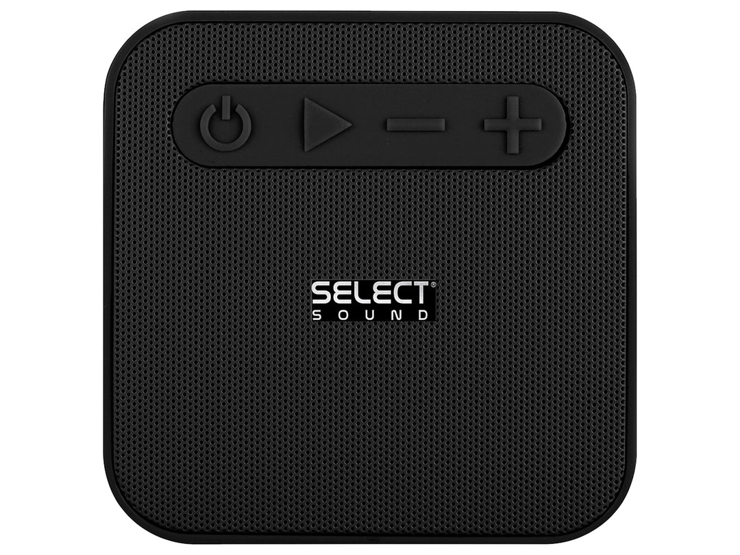 Bocina Bluetooth Select Sound de color negro, forma cuadrada con botones de control superiores y rejilla frontal.