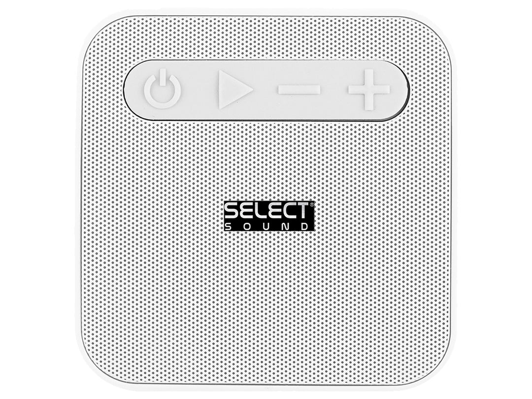 Bocina Bluetooth Select Sound de color blanco, forma cuadrada con bordes redondeados y controles superiores.