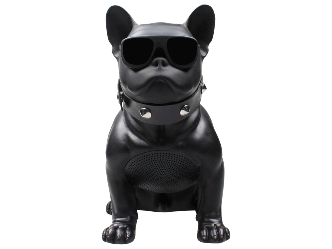 Bocina Bluetooth Select Sound en forma de perro bulldog francés color negro con lentes oscuros y collar.
