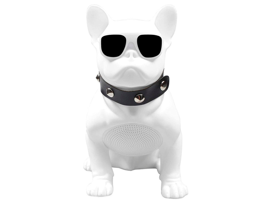 Bocina Bluetooth blanca con forma de perro bulldog francés usando lentes de sol y collar negro.