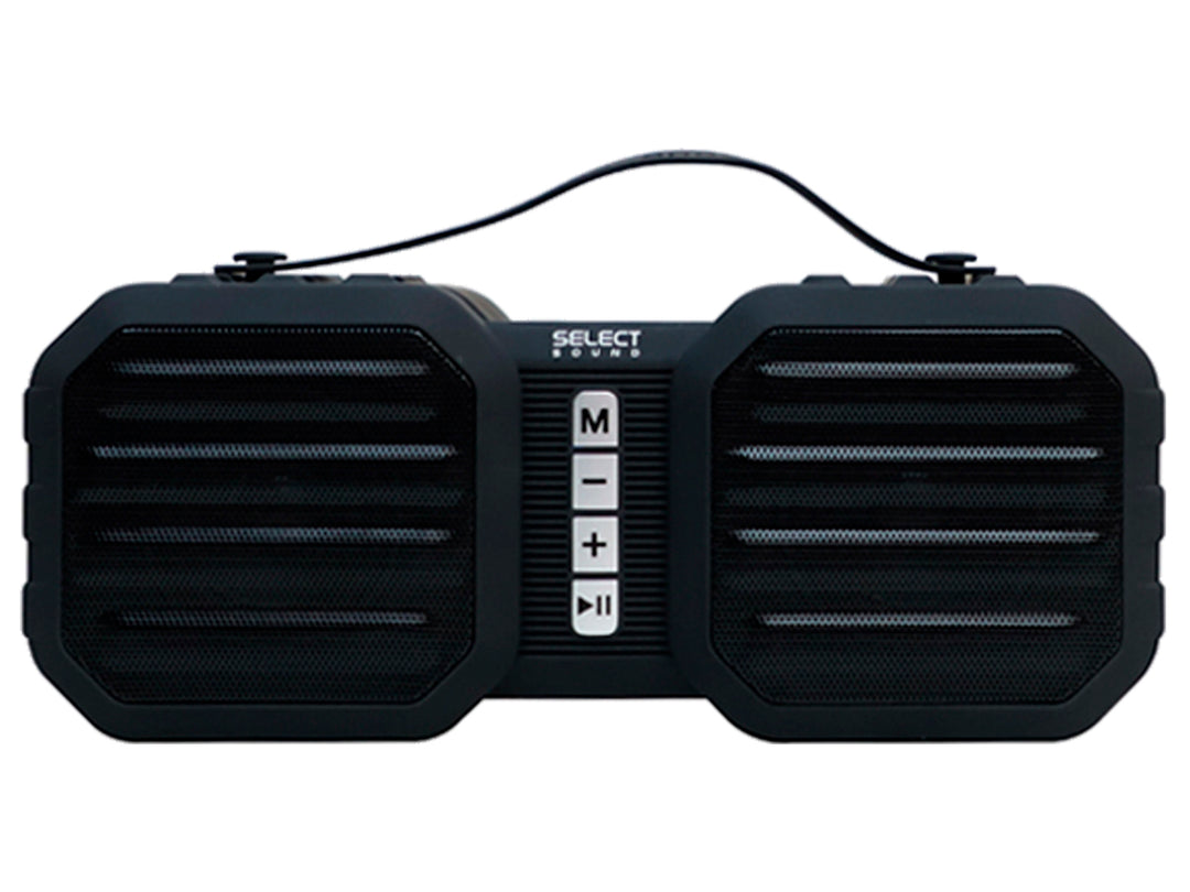 Bocina Bluetooth Select Sound color negro con controles centrales y correa de transporte superior.