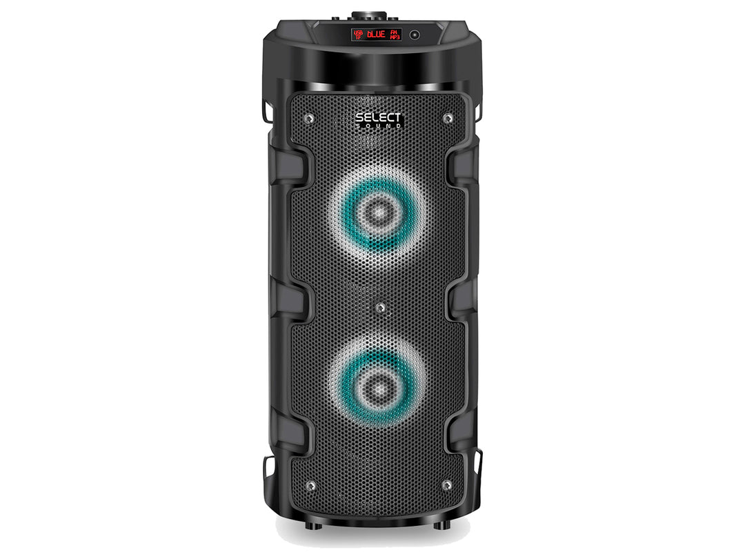 Bocina tipo torre Select Sound color negro con dos altavoces iluminados en azul y panel de control superior.