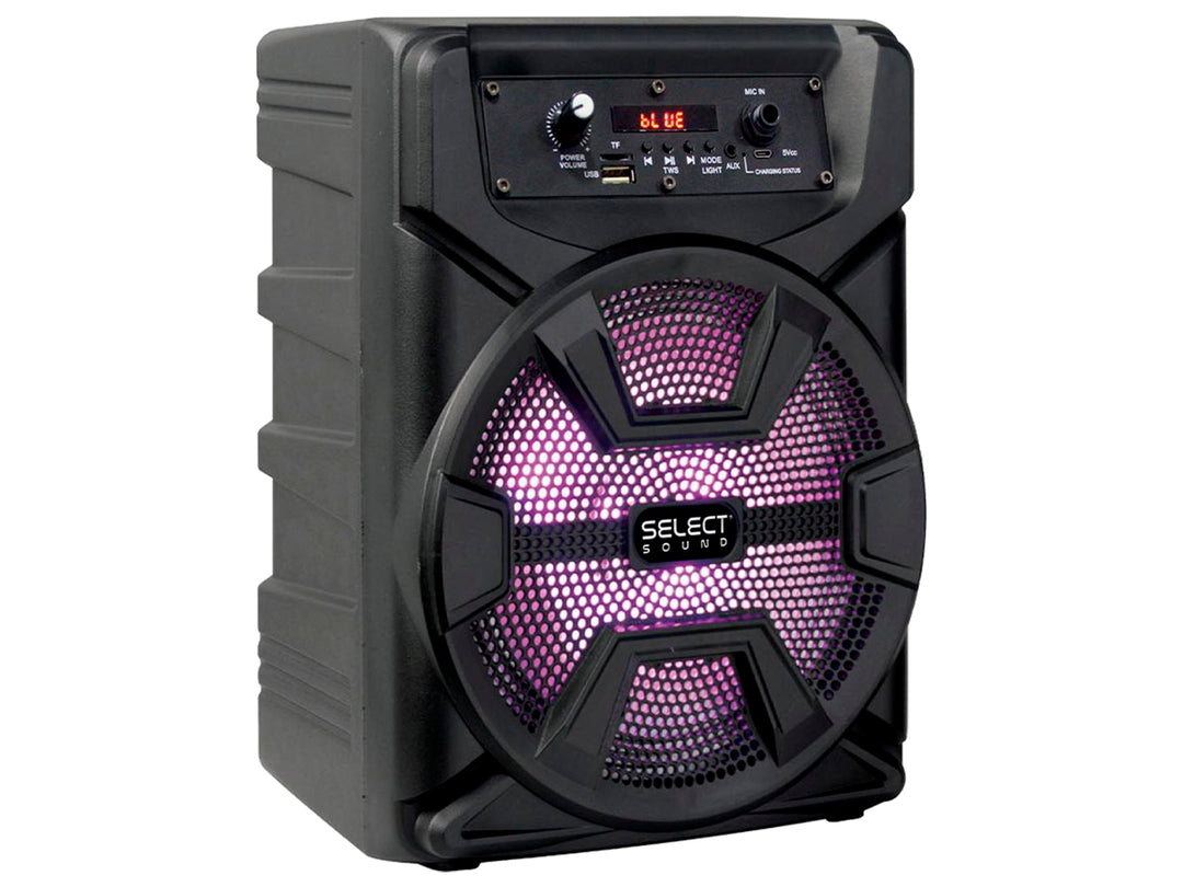 Bocina Bluetooth Select Sound color negro con iluminación LED morada en el centro y panel de control superior.