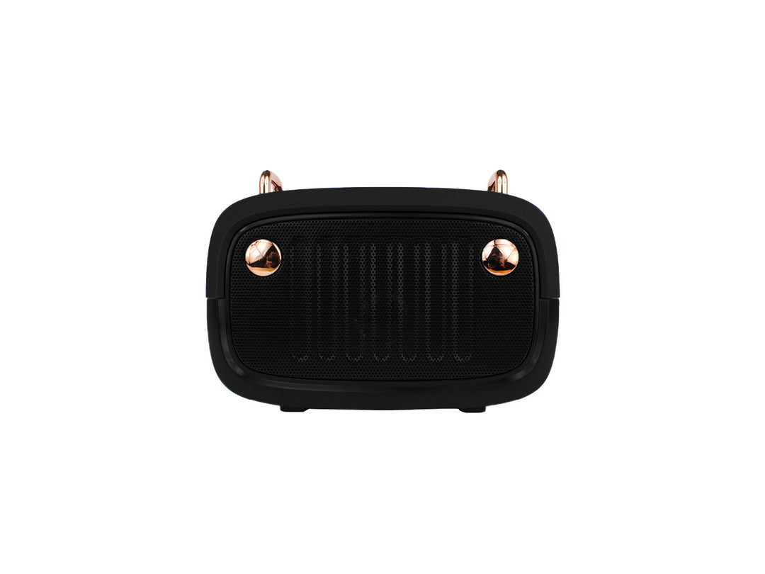 Bocina portátil Beast HBX4N color negro con detalles dorados y rejilla frontal.