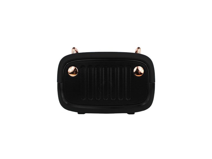 Bocina portátil Beast HBX4N color negro con detalles dorados y rejilla frontal.