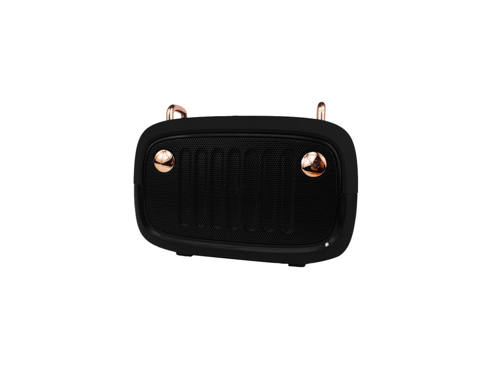 Bocina portátil Beast HBX4N color negro con detalles dorados y rejilla frontal.