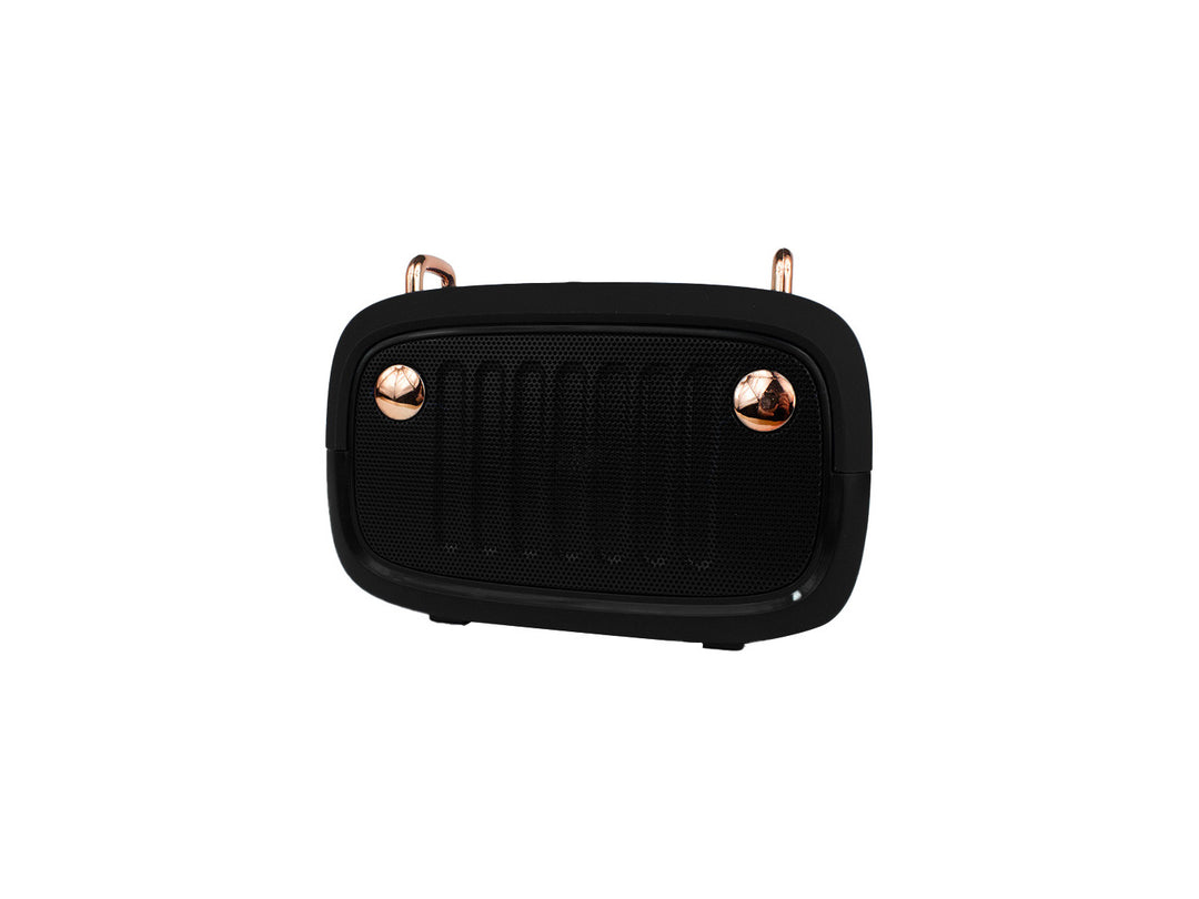 Bocina portátil Beast HBX4N color negro con detalles dorados y rejilla frontal.