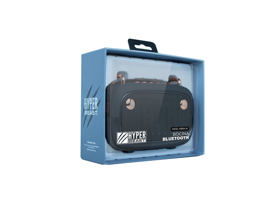 Bocina portátil Beast HBX4N color negro con detalles dorados y rejilla frontal.