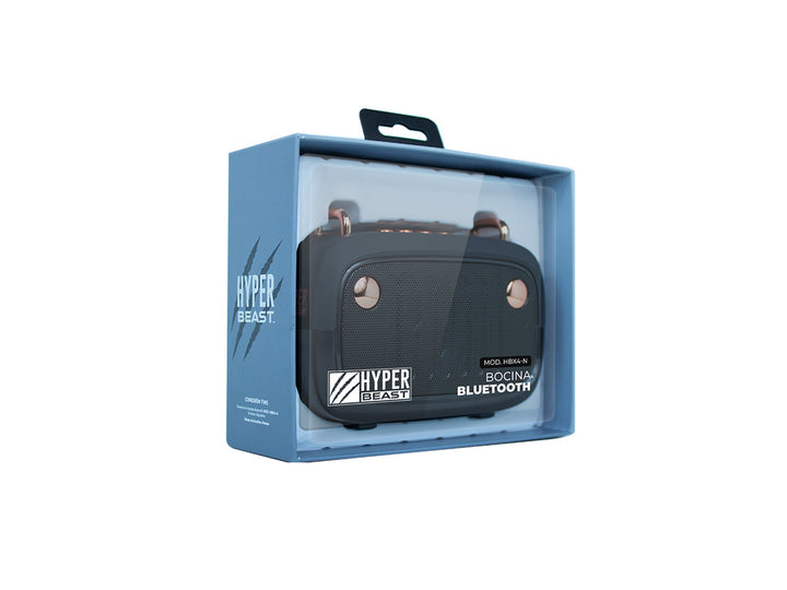 Bocina portátil Beast HBX4N color negro con detalles dorados y rejilla frontal.