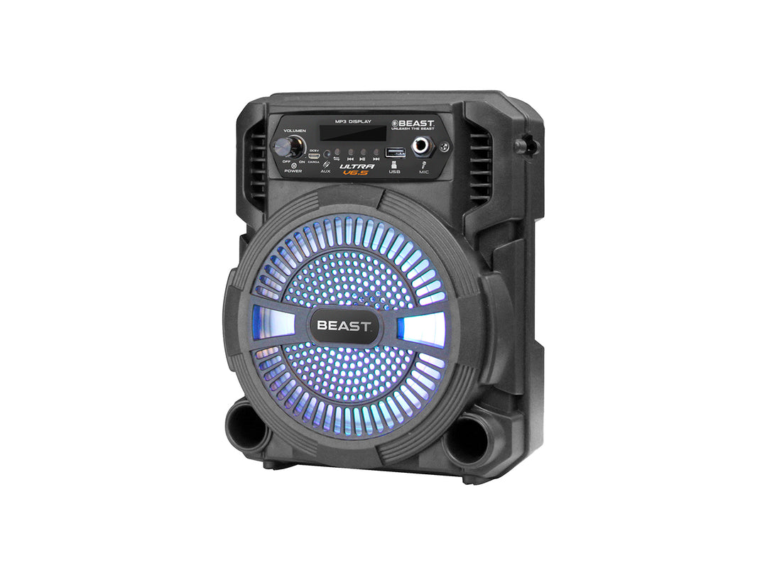 Bocina portátil BEAST ULTRA V6.5 color negro con iluminación LED azul en el centro y panel de control superior.