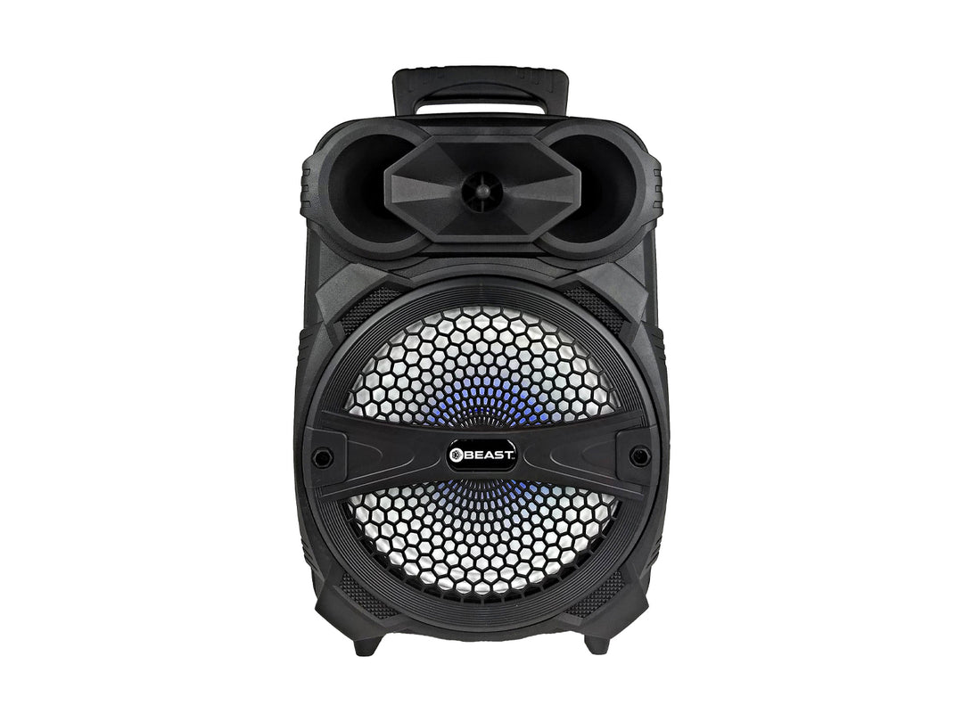 Bocina Bluetooth BEAST color negro con rejilla frontal y asa de transporte superior.