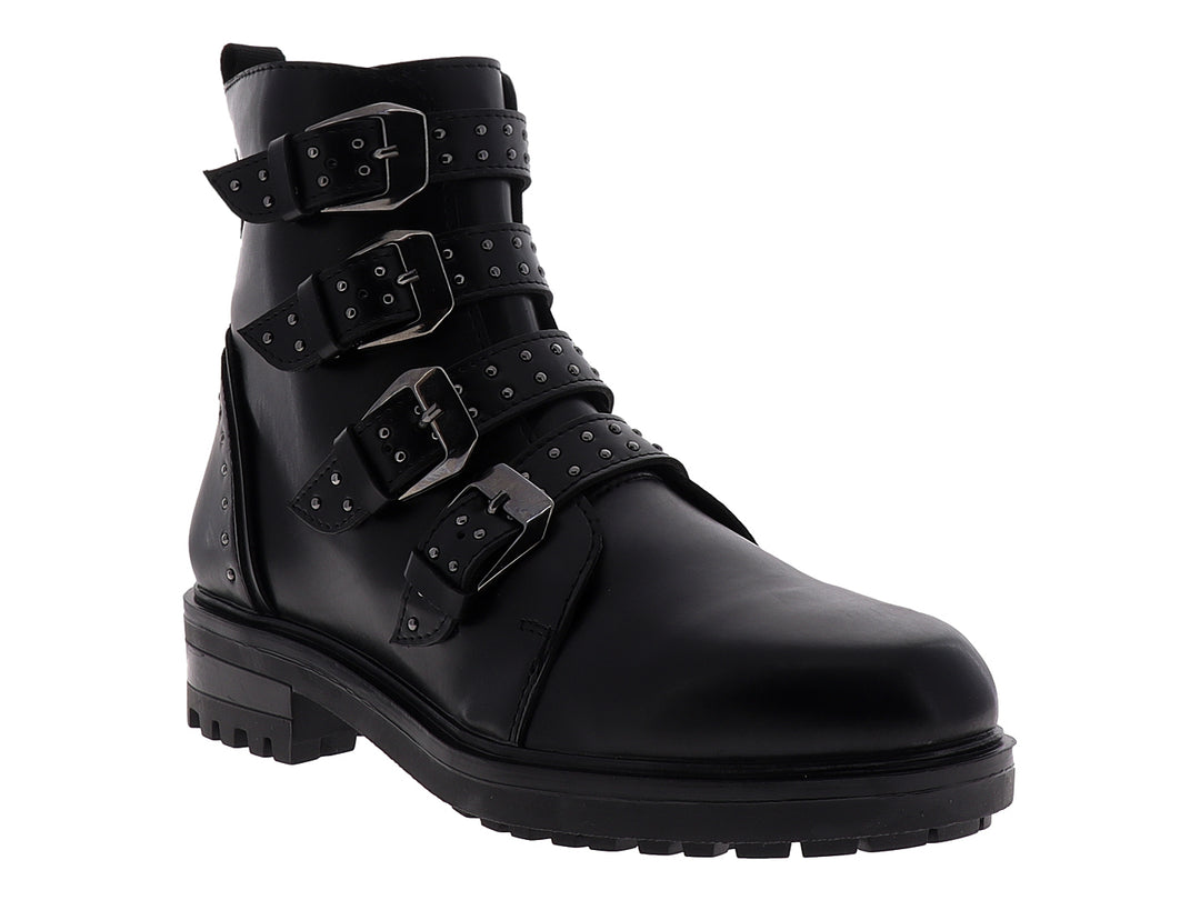 Botines negros para mujer con cuatro hebillas decorativas y suela track gruesa.