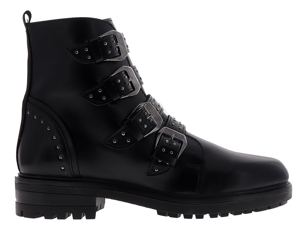 Botines negros para mujer con cuatro hebillas decorativas y suela track gruesa.