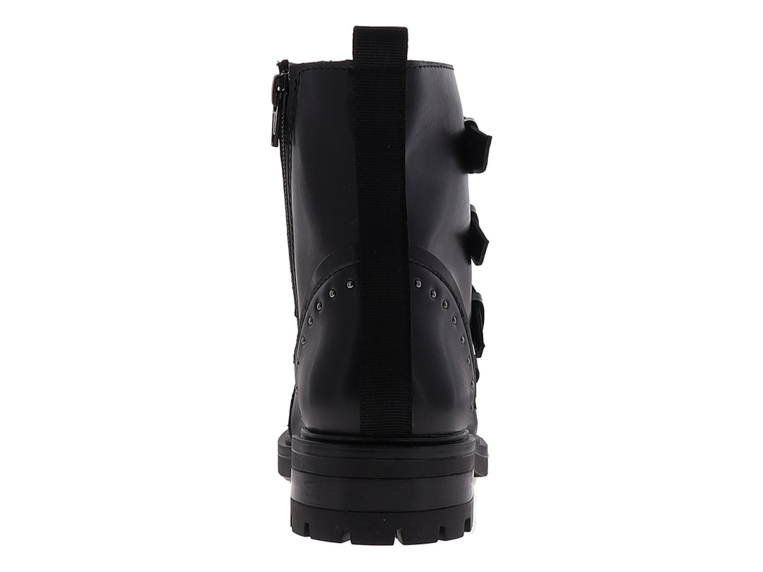 Botines negros para mujer con cuatro hebillas decorativas y suela track gruesa.