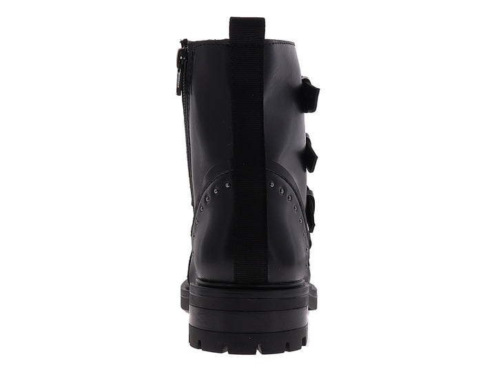Botines negros para mujer con cuatro hebillas decorativas y suela track gruesa.