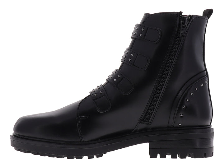 Botines negros para mujer con cuatro hebillas decorativas y suela track gruesa.