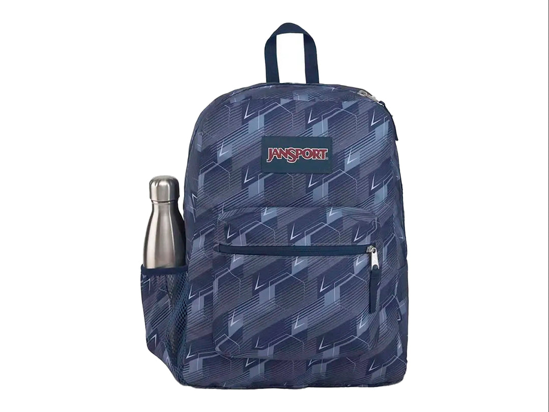 Mochila JanSport Cross Town en color gris oscuro con estampado geométrico y bolsillo frontal con cierre.