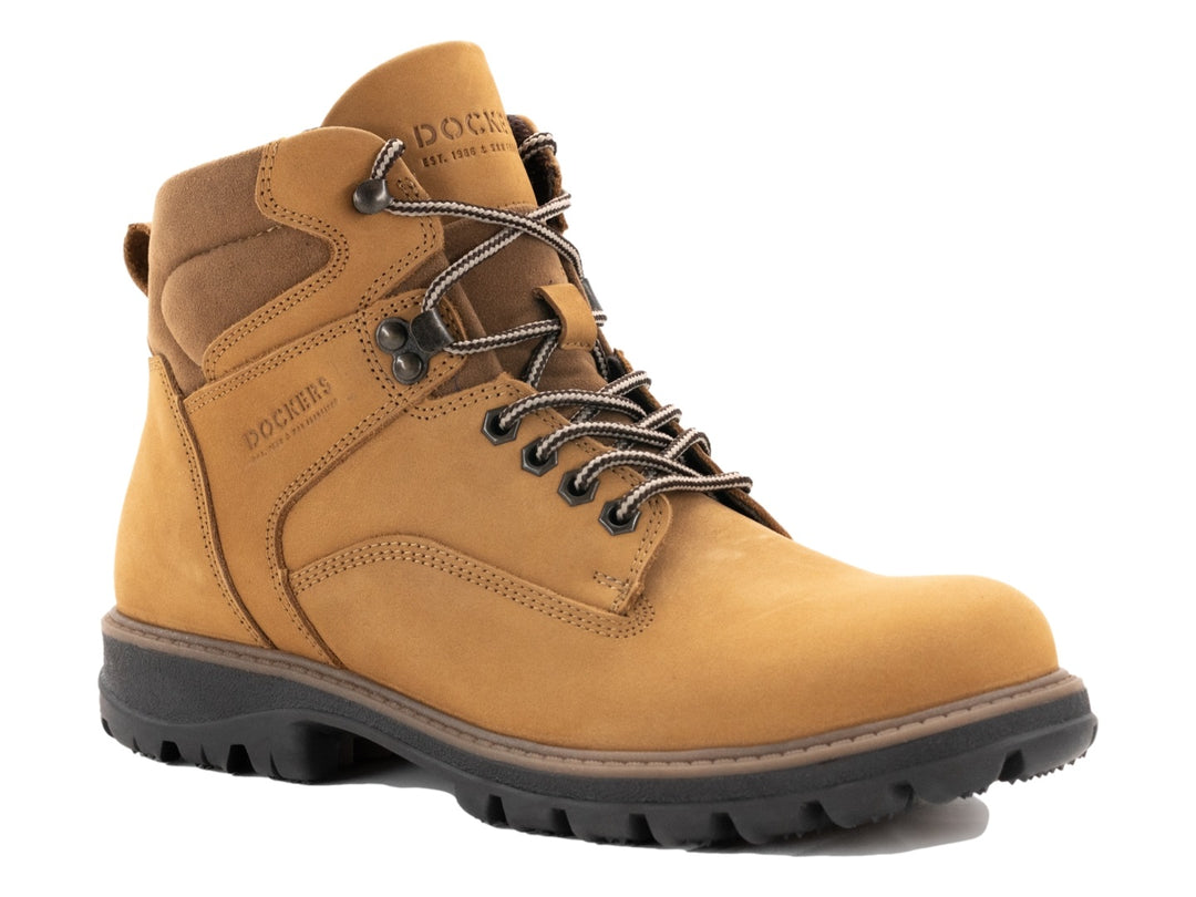 Botas Dockers color honey de cuero con agujetas y suela negra resistente.