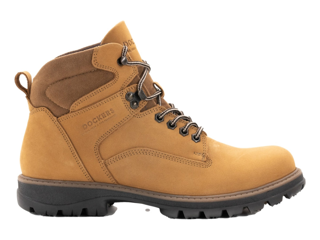Botas Dockers color honey de cuero con agujetas y suela negra resistente.