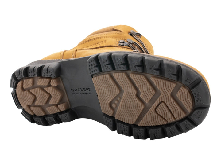 Botas Dockers color honey de cuero con agujetas y suela negra resistente.