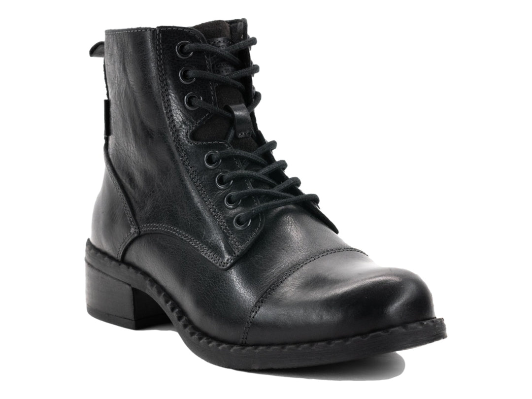 Botas negras de cuero sintético para mujer con agujetas y tacón bajo.