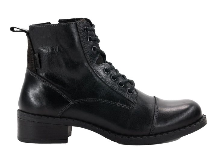 Botas negras de cuero sintético para mujer con agujetas y tacón bajo.
