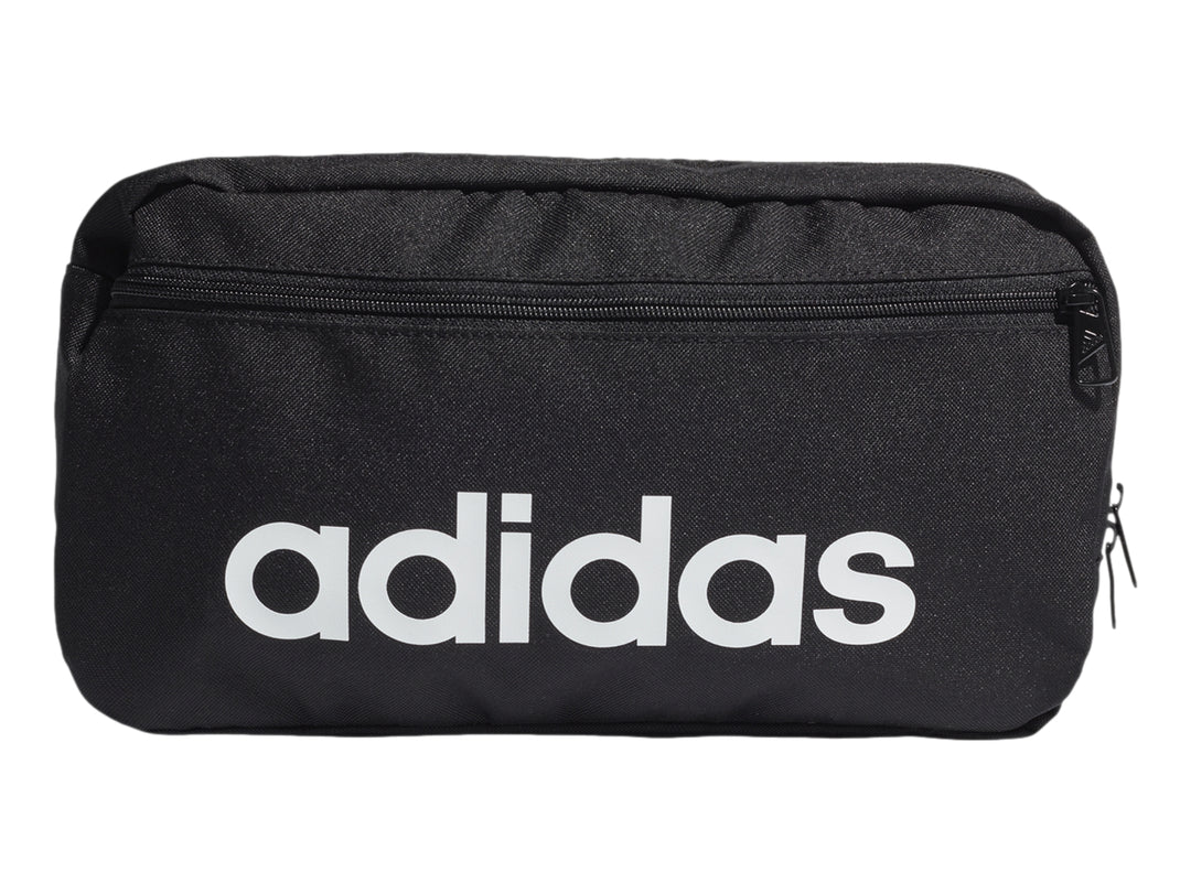 Bolsa de almacenamiento Adidas color negro con logotipo lineal en blanco y cierre superior.